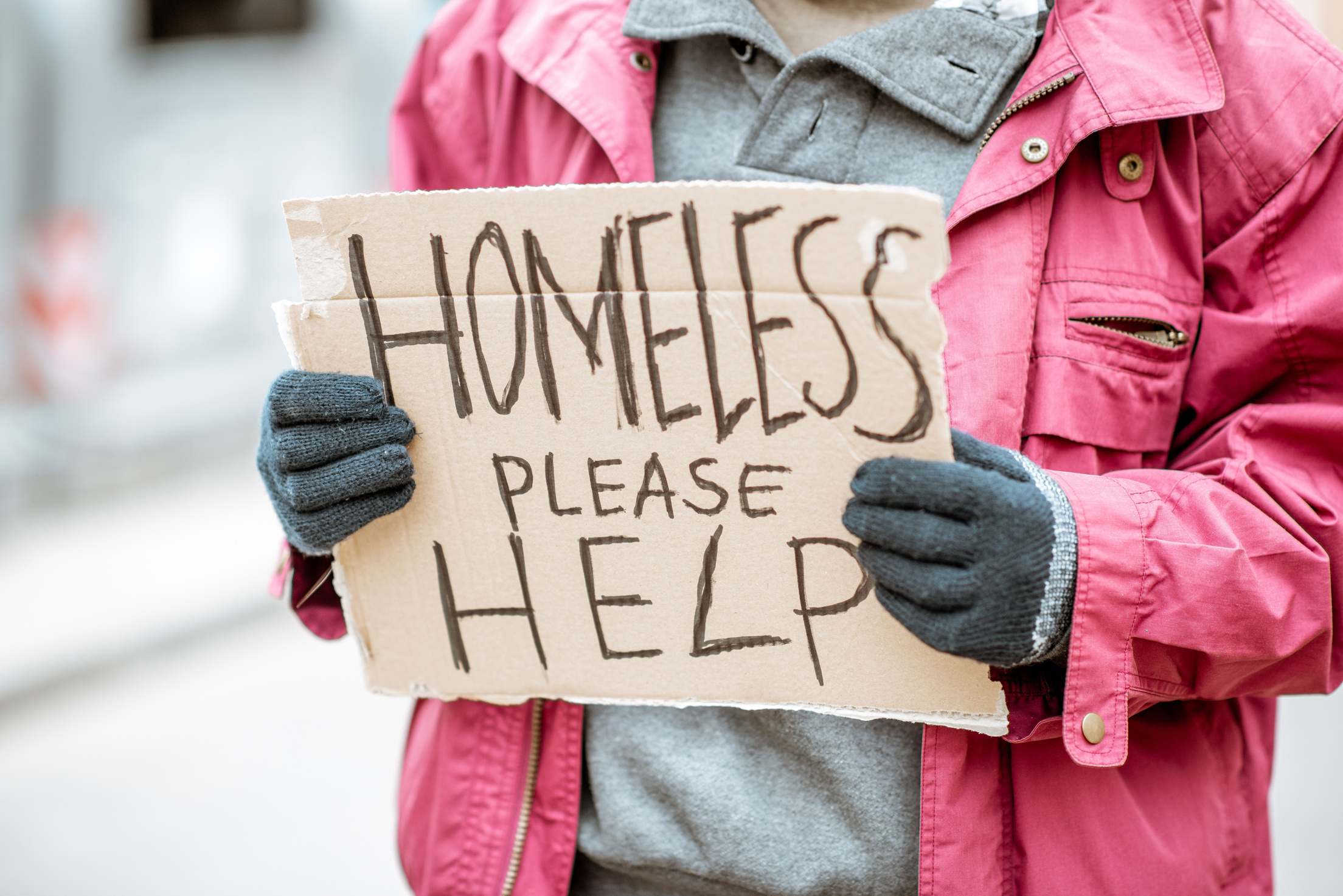 Homeless Beggar with Cardboard Outdoors